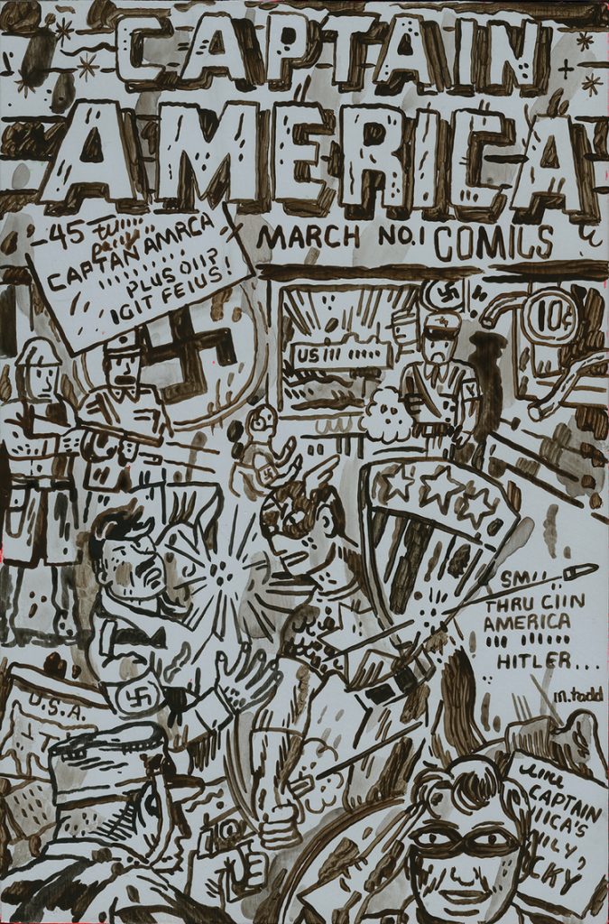 Mark Todd "Covered" CAPTAIN AMERICA acrylic and cel-vinyl on panel 6 3/4" x 10 1/4" $600