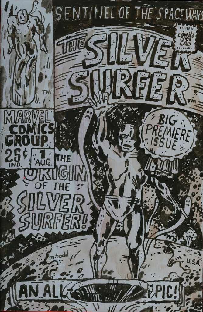 Mark Todd "Covered" THE SILVER SURFER acrylic and cel-vinyl on panel 6 3/4" x 10 1/4" $600